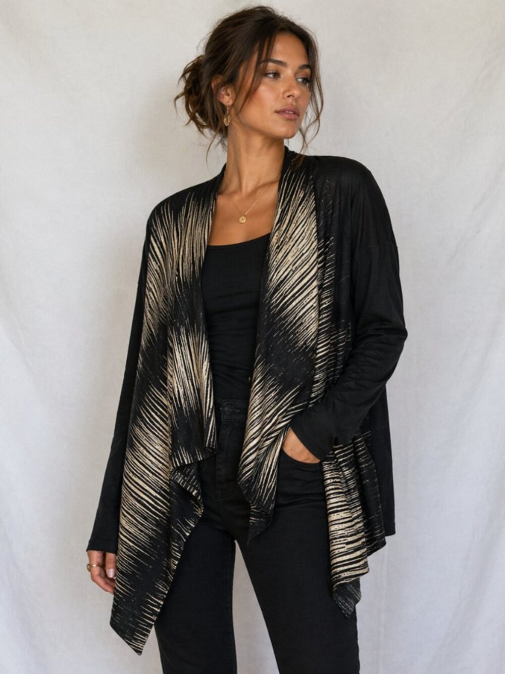 casual Express earth Tone Geometric Open Front Shrug Cardigan Womens SZ M